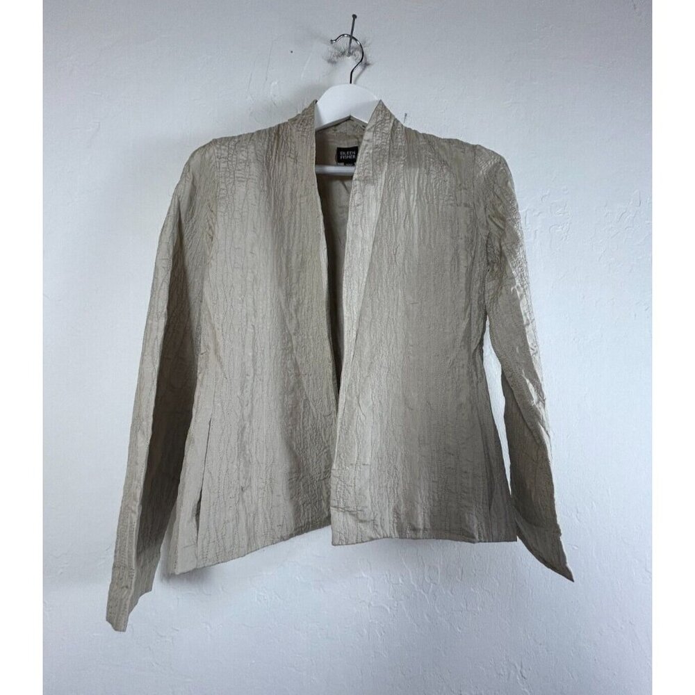Eileen Fisher Womens XS Tan Silk Crinkle Open Front Jacket Coat Shawl Collar